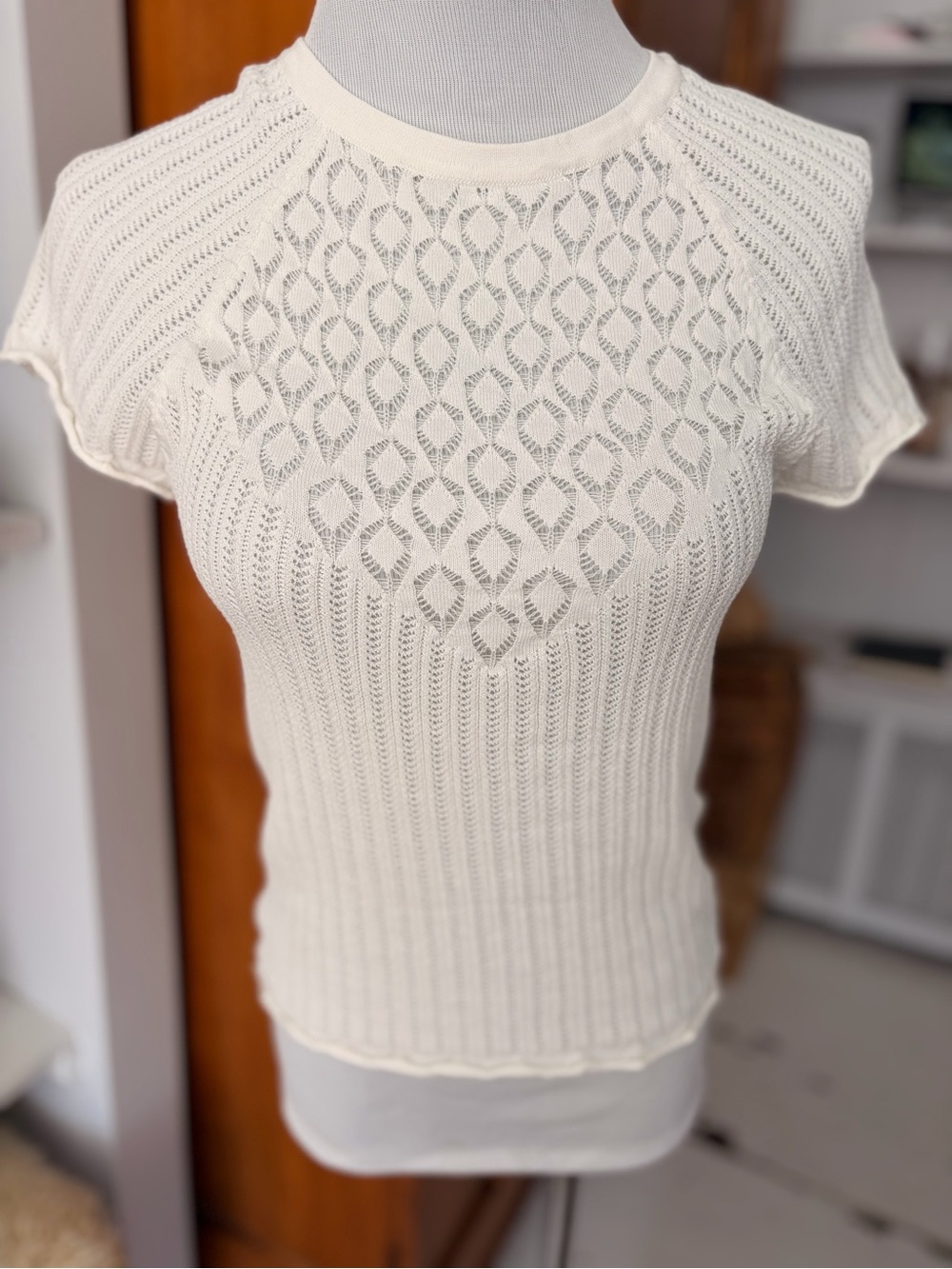 Zara Cream Openwork Knit Short-Sleeve Top